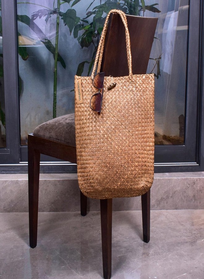 DENOVA Seagrass Sholderbag with Handle | Beach bag, Women's Handbag, Tote Bag (Natural Brown) - Image 3